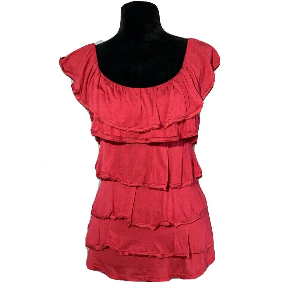White House Black Market Top XS Red T Shirt Tier Layer Stretch Scoop Sexy‎ Cute